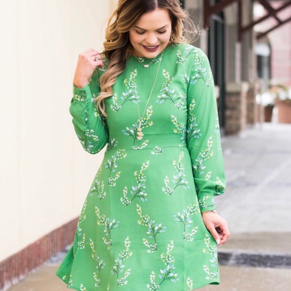 LOFT Dresses Loft Green Floral Fit Flare Long Sleeve Knee Length